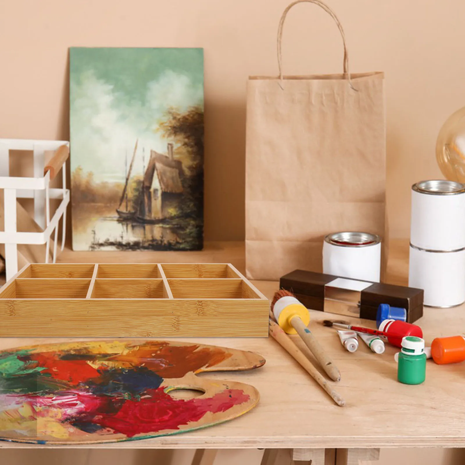 

6 Compartments Unfinished Wood Tray Rectangular Organizer For Crayon Chalk Art Supplies Storage Bamboo Divided Platter