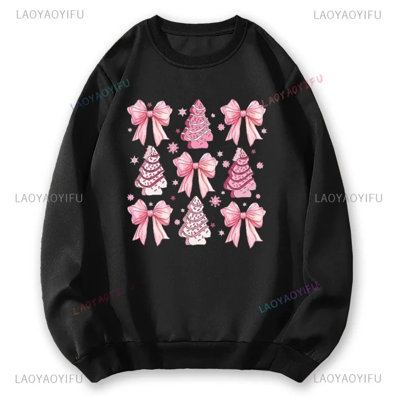 Funny Coquette Pink Christmas Graphic Sweatshirt Pink Christmas Tree Bow Harajuku Vintage Christmas Women Crew Neck Pullovers