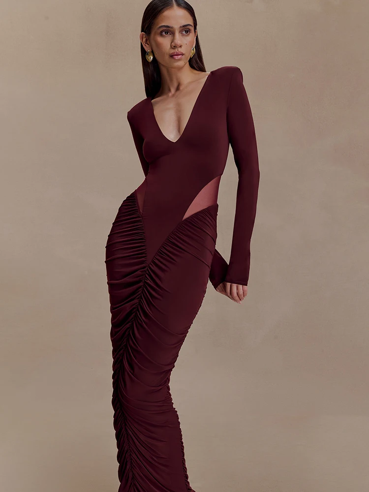 

JULISSA MO Patchwork Sexy Hollow Out Draped Maxi Dress Women Long Sleeve V-neck Dress Autumn Skinny Elegant Party Evening Dress