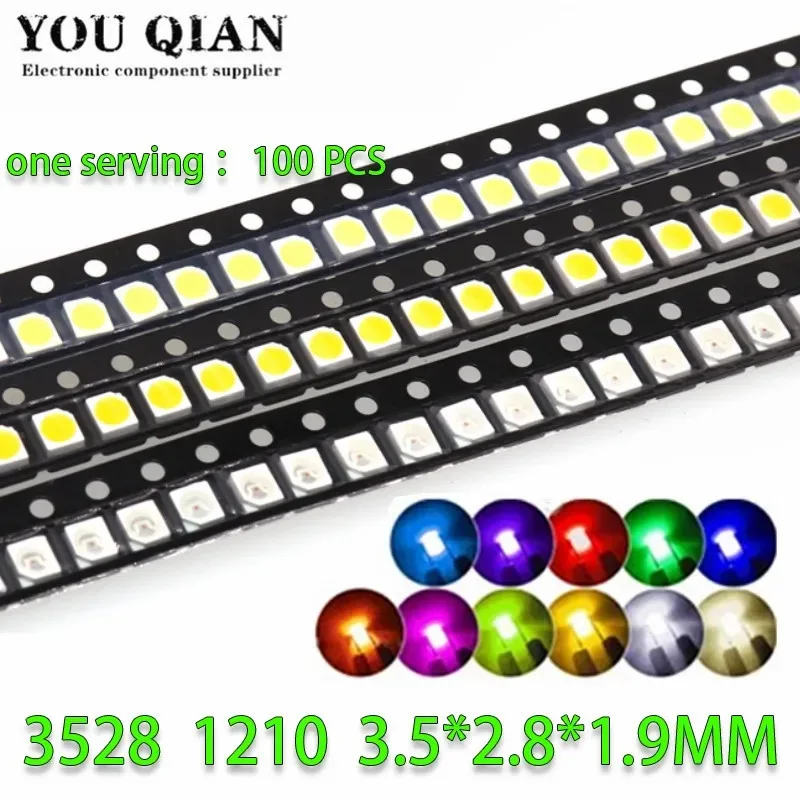 100pcs Super Bright 3528 1210 SMD LED Red/Green/Blue/Yellow/White LED Diode 3.5*2.8*1.9mm