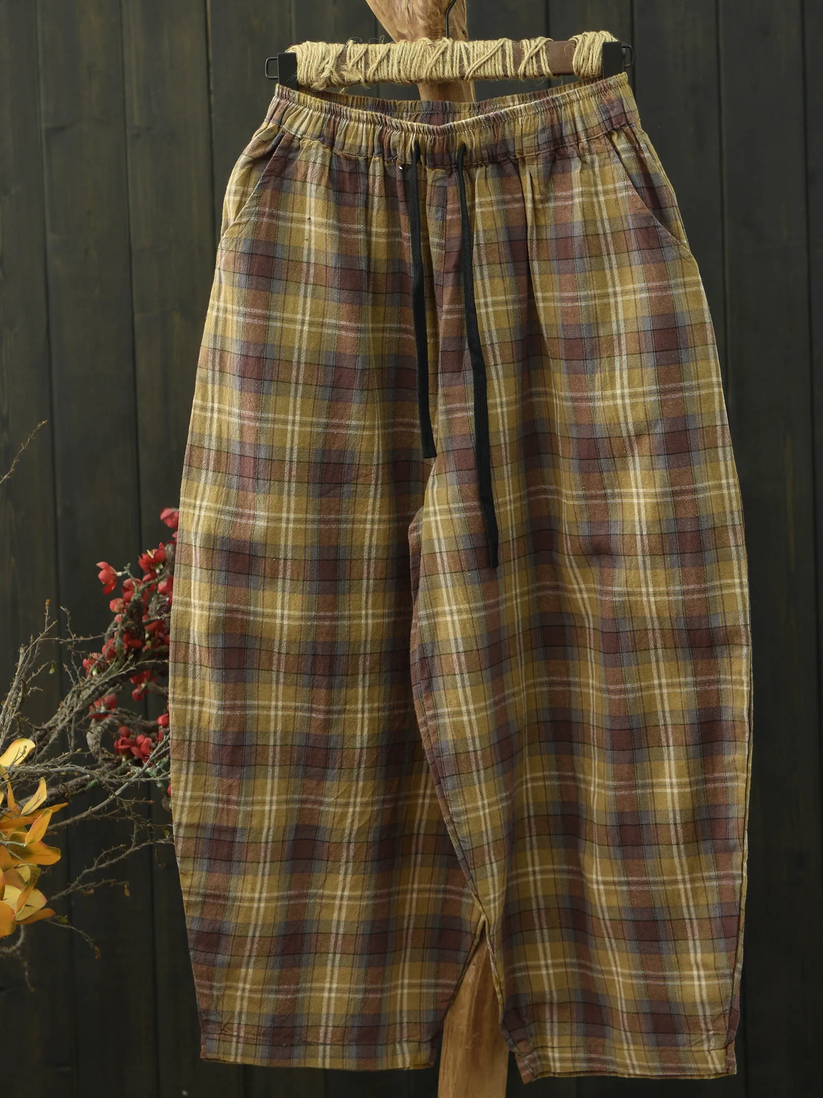 

Casual Cotton Plaid Drawstring Waist Lantern Pants Thin Elastic Waist Women's Summer Lightweight Breathable Comfortable Ladie...