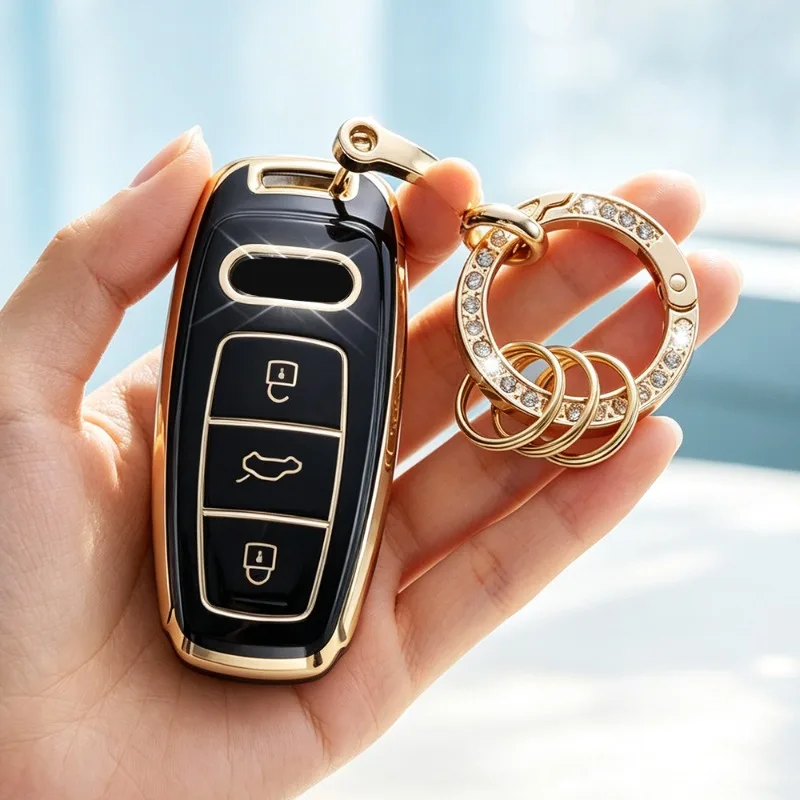 3Button TPU Car Key Case Shell for Audi A6 2018 A6L 2019 A7 2020 A8 2021 C8 2022 Q5 2023 Q7 Q8 D5 E-Tron Coupe Protector Keyring