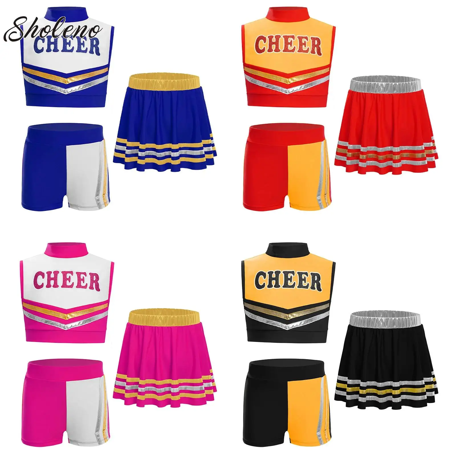 

Kids Girl Cheerleader Costume Cheerleading Uniform School Girls Modern Dance Outfit Letter Print Crop Top with Skirts and Shorts