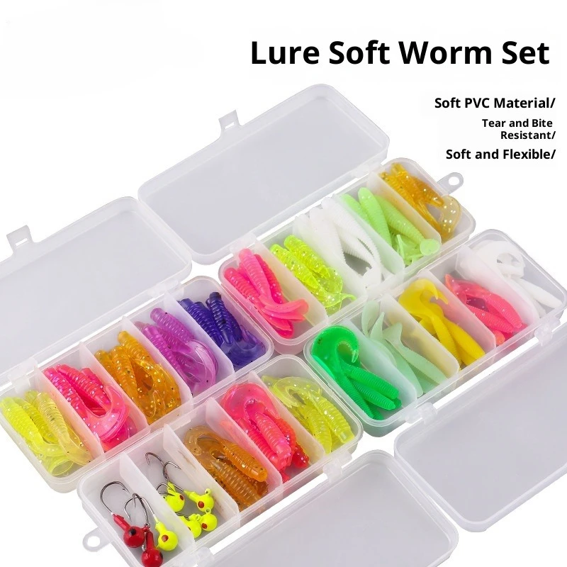 

Lead Head Jig T Tail Soft Lure Bass Fishing Kit with Curly Tail Grub Single Worm Bait