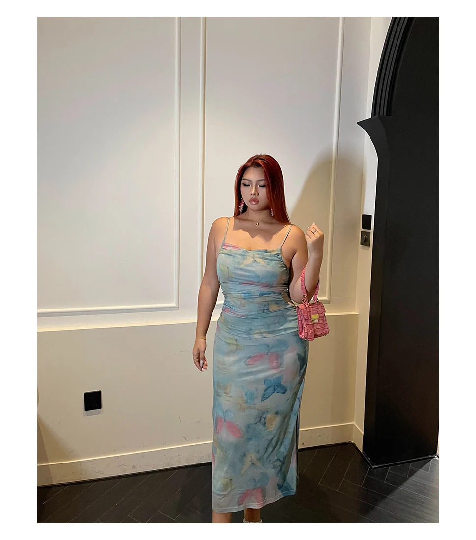 Sexy Elegant Gauze High Waist A-line Print Street Suspender Dress Summer Women Large Size Elastic Thin Slim Holiday Long Dresses