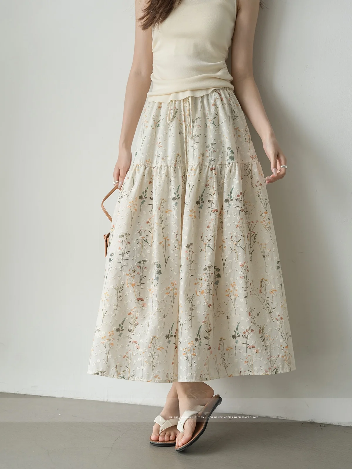 Mozao Peach Blossom A-Line Midi Skirt Elastic Waist Floral Print Women's Summer New High Waist Cotton Blend Casual Skirt