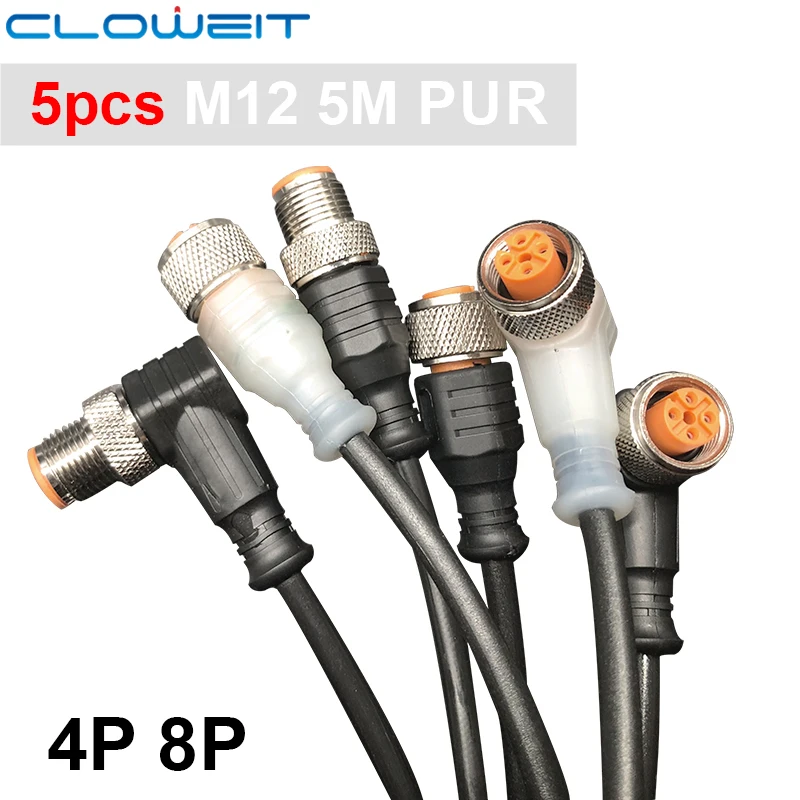 5pcs M12 4 8 pins PUR 5m Customize LED Waterproof Sensor Cable Connector Type A Socket Plug Cloweit