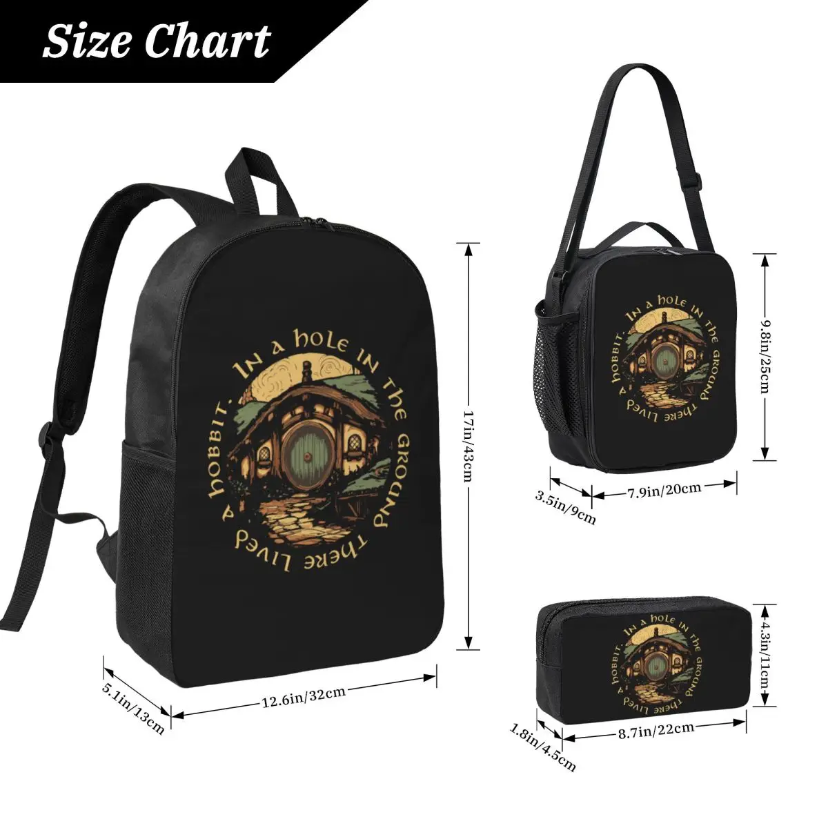 In A Hole In The Ground There Lived A Hobbit Backpack BookBag School Bag Shoulder Bags 3ps Insulated Lunch Bag Pencil Case