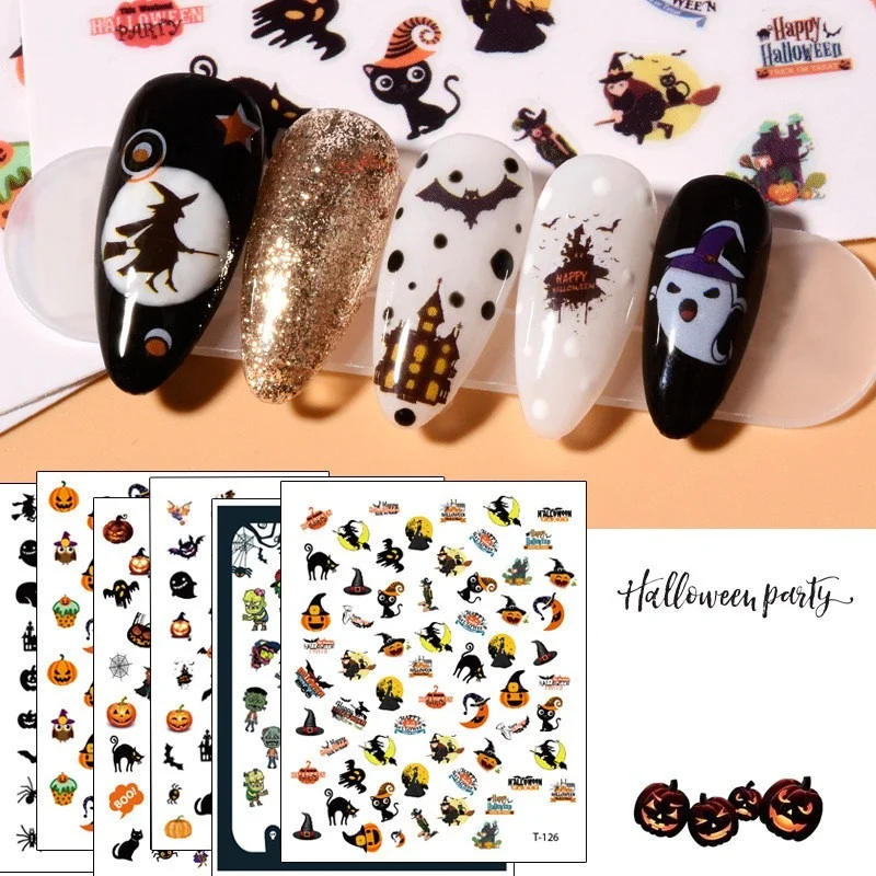 New 1 Sheet Halloween Pumpkin Nails Black Ghost Stickers Nail Art Decals Spider Cool Spooky Slider Wraps Nail Decor Manicure