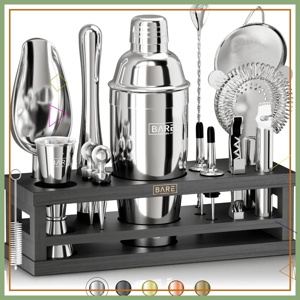 

16-Piece Cocktail Shaker Set with 35 Recipe Cards, Silver/Black Barware for Home Bartending
