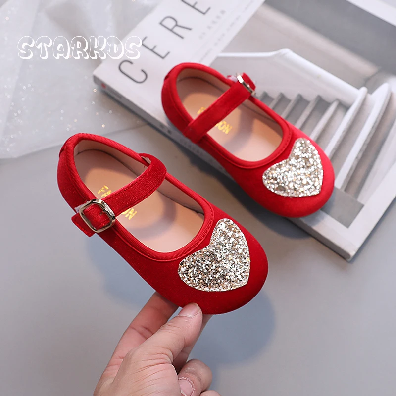 Kids Glitter Heart Patch Velvet Shoes Girl 2024 Spring New Ballet Flats Vintage Baby Child Soft Sole Velour Mary Janes In Red