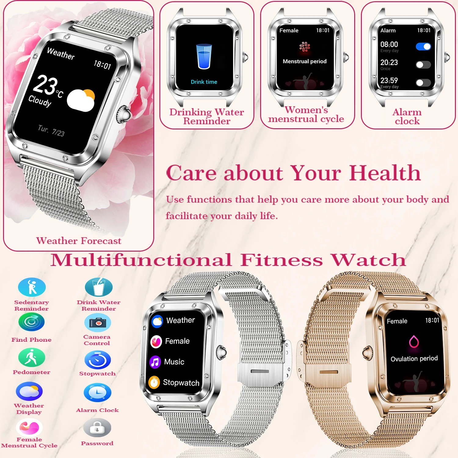 Dames smartwatch (antwoord/oproep maken) voor iPhone/Android, fitnesstracker/100+sportmodi/200+horloge gezichten/1,59" scherm, ideaal cadeau