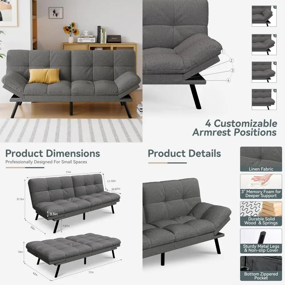 Convertible Futon Sofa Bed with Grey Linen, Memory Foam, Adjustable Backrest and Armrests, Multifunctional for Small Living Spac