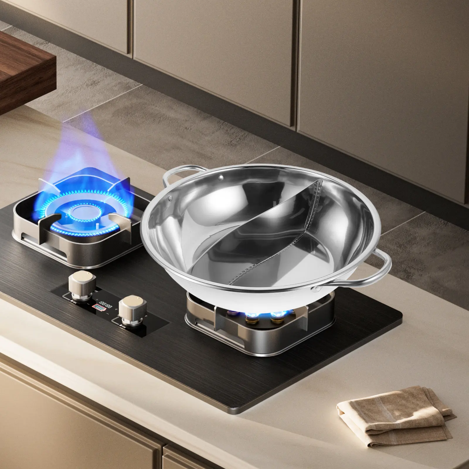 Olla caliente tradicional china de acero inoxidable de 14 pulgadas con divisiones, doble sabor, doble asa, para uso en interiores y exteriores