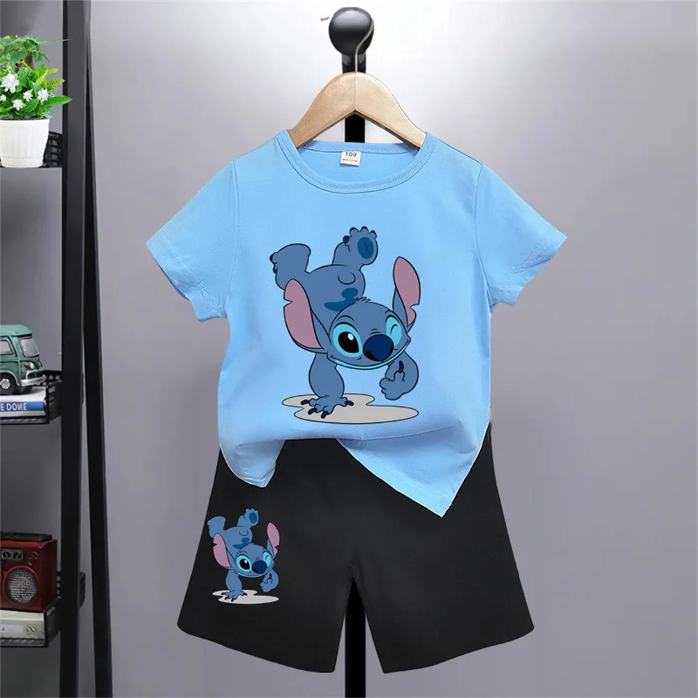 Disney Lilo Stitch Kids T-shirt Pants Kawaii T-shirt Anime Cartoon Kids Casual Clothing 2-piece set Kids Girls Boys Fashion Y2K