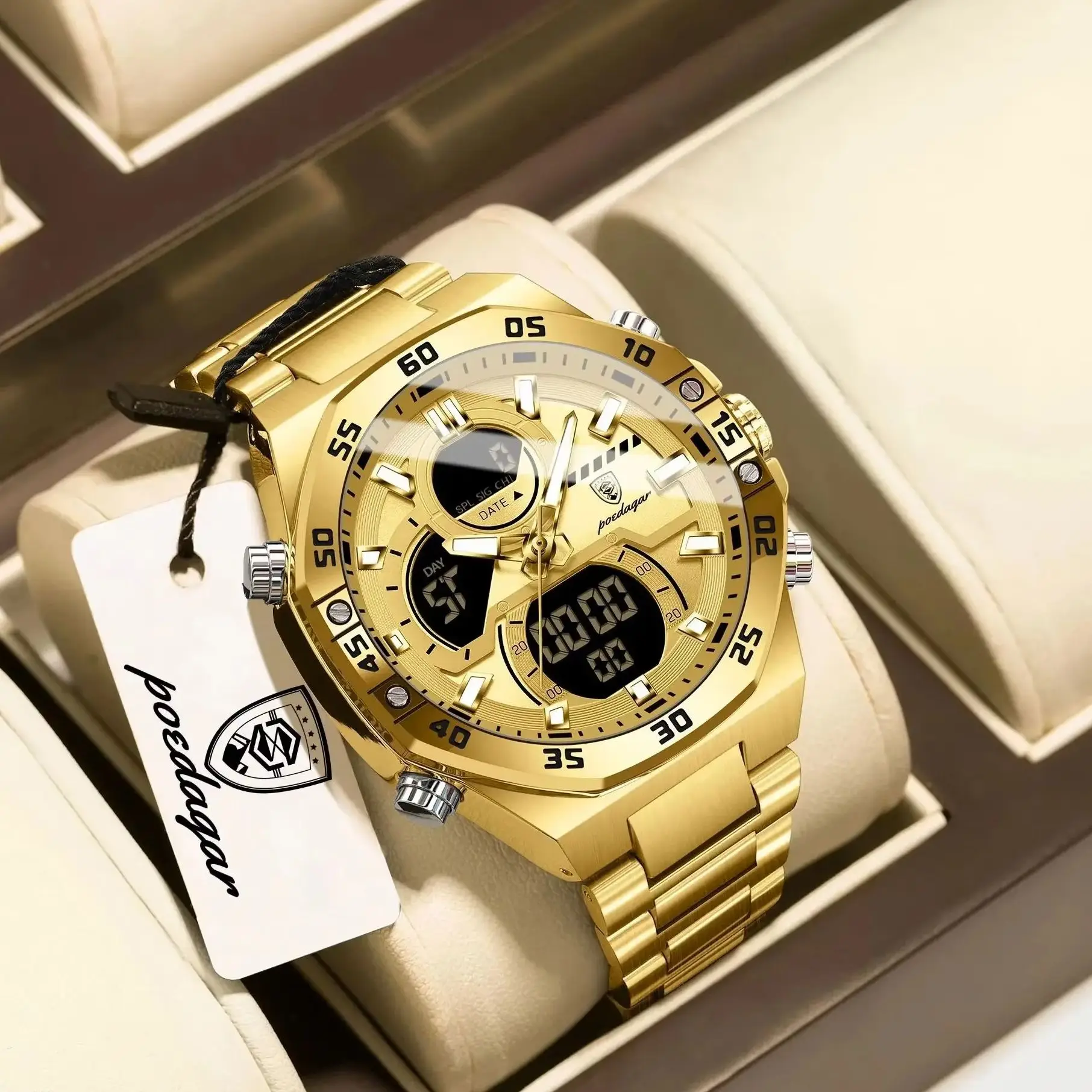 POEDAGAR Sports Quartz Men Wristwatch LED Luminous Waterproof Week Date Original Man Watch Stainless Steel Digital Men's Watches