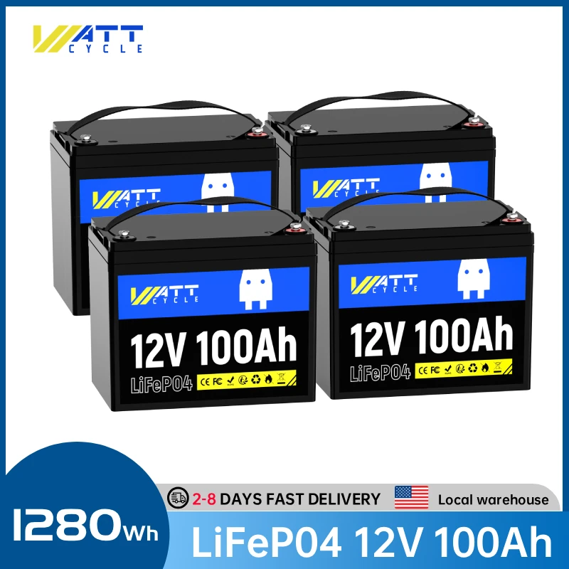 Wattcycle 12V 100Ah 4 Pieces Lithium Iron Phosphate Battery Portable Rechargeable LiFePO4 Battery For Outdoor Power Supply