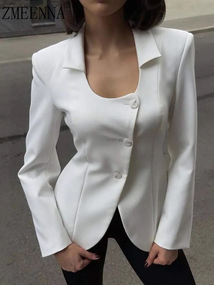 

ZMEENNA Women's Elegant White Blazer With Asymmetrical Button Closure And Lapel Collar Long Sleeve Fitted Jacket ZM3796