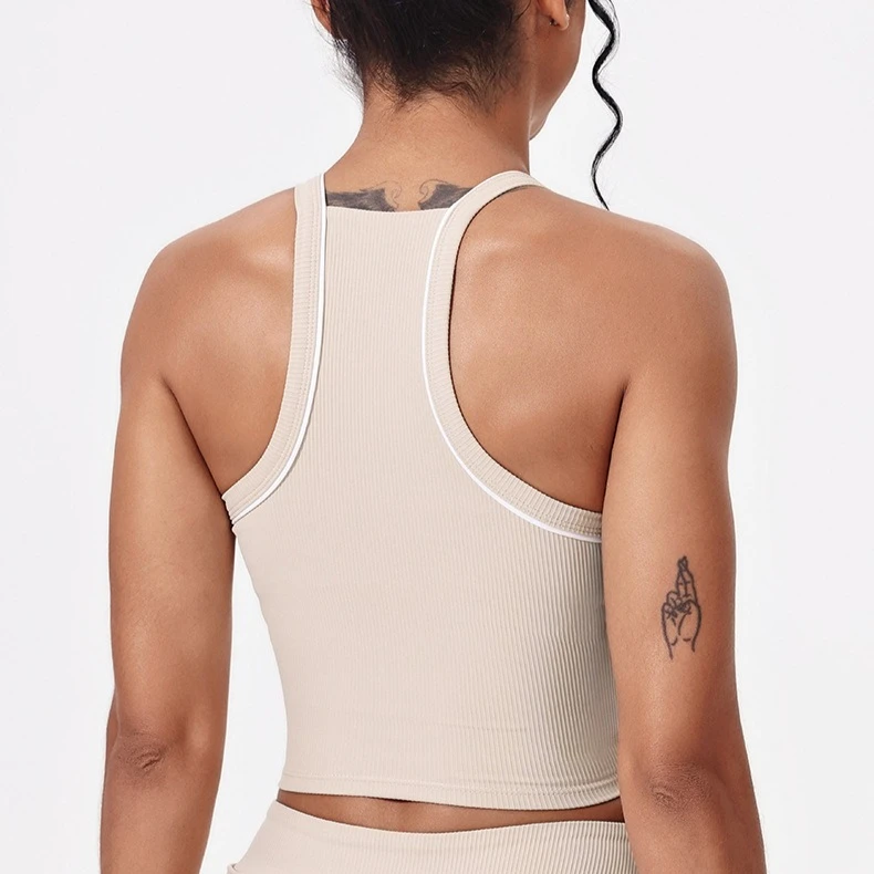 Patchwork Ribbed Sport Top with Cups Women's Underwear Summer Sleeveless Crop Top Yoga Fitness Active Bra Gym Workout Vest Black