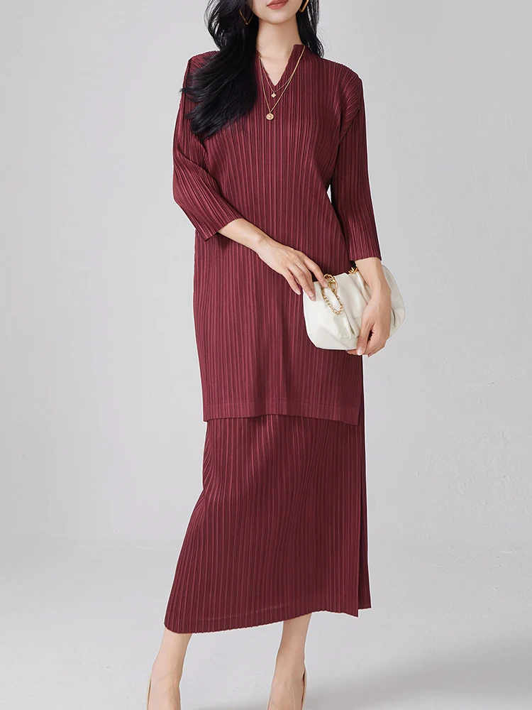 LANMREM Two-piece Set High-end V-neck Loose Mid Length T-shirt Top With Slit Versatile Skirt Female Trendy Clothing New 2DB1286