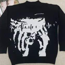 New Hip Hop Streetwear Knitted Sweater Men Gothic Portrait Print Pullover Autumn Harajuku Cotton Sweater Women Oversized Sweater