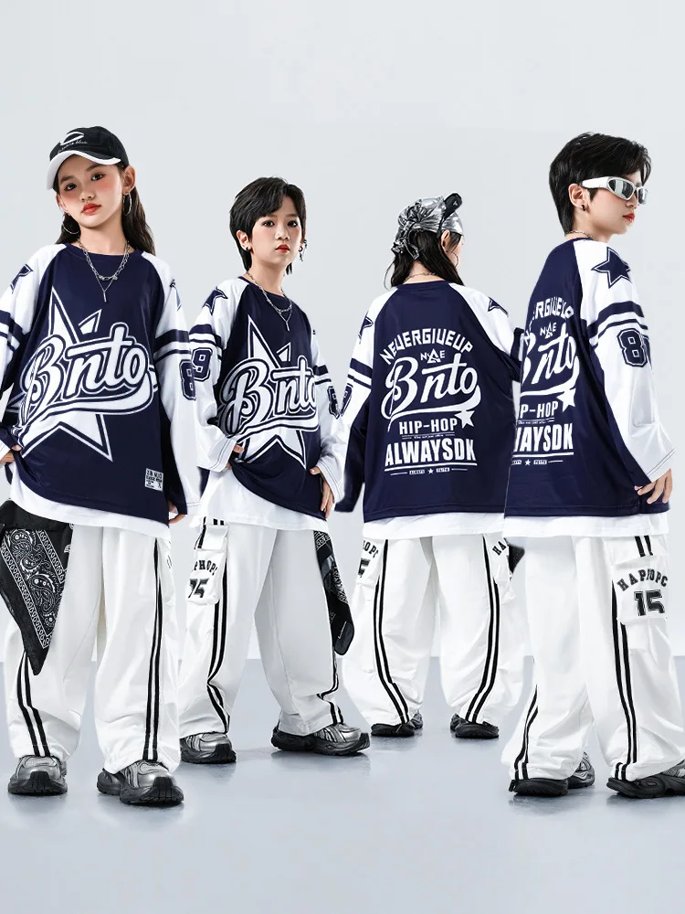 Kind Street Dance Kostüm Hip Hop Mädchen Kostüm Oversize Tops Langarm Weiß Lose Hosen Kinder Jazz Dance Streetwear Sets