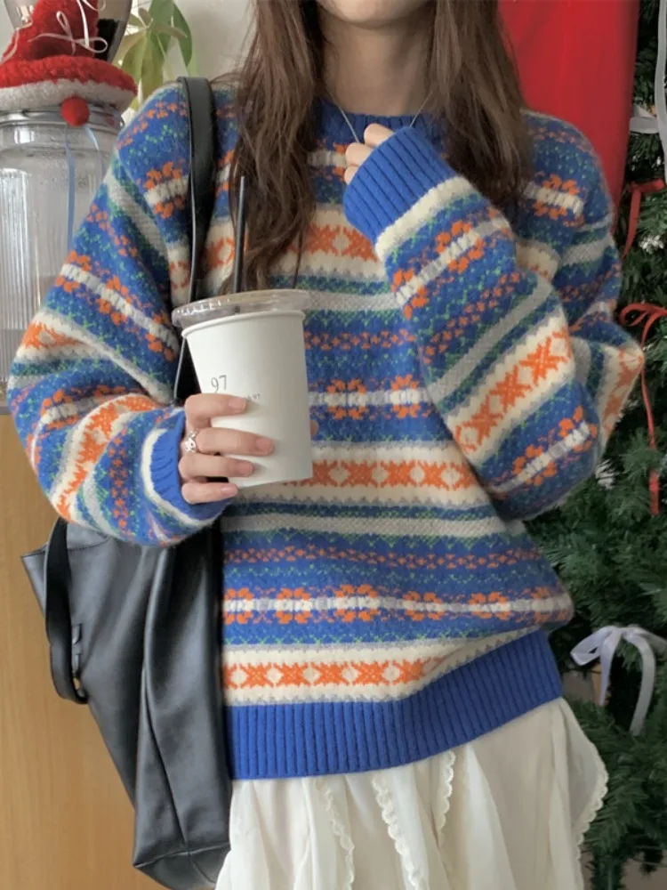 

Мягкий уютный вязаный свитер Fair Isle, женский зимний новый цветной блуз, универсальный вязаный топ в скандинавском стиле в стиле ретро, для поездок на работу