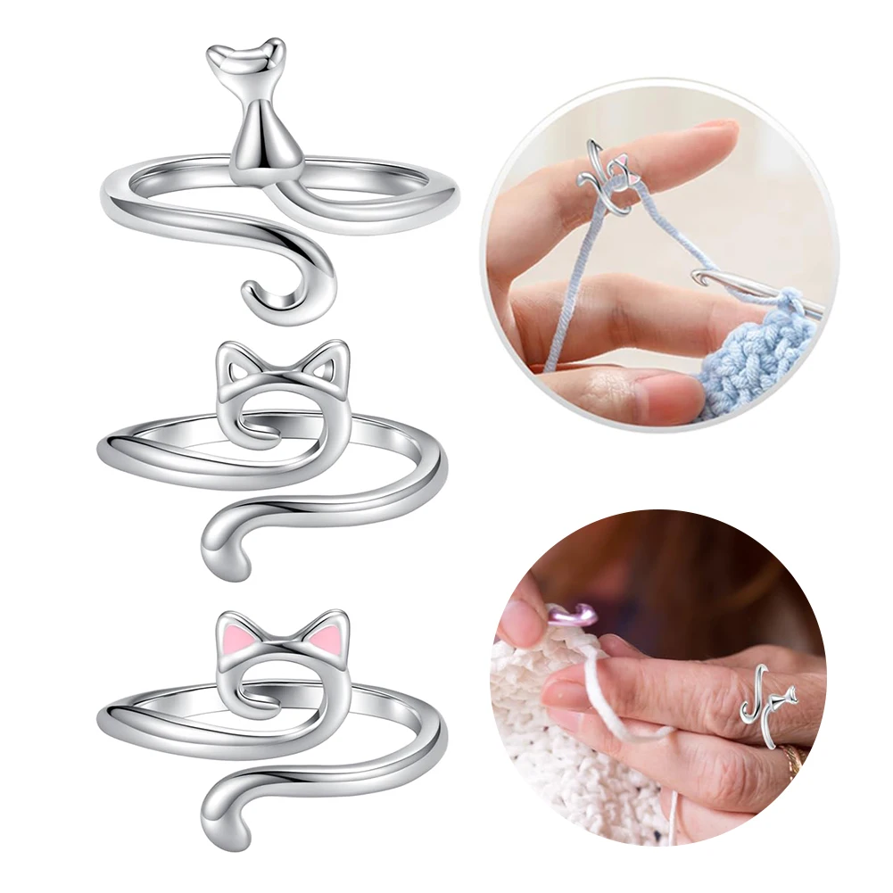 3Pcs Cat Shaped Crochet Finger Ring Multifunction Knitting Tension Rings Crochet Tension Regulator Tool for Mother Grandma Gifts