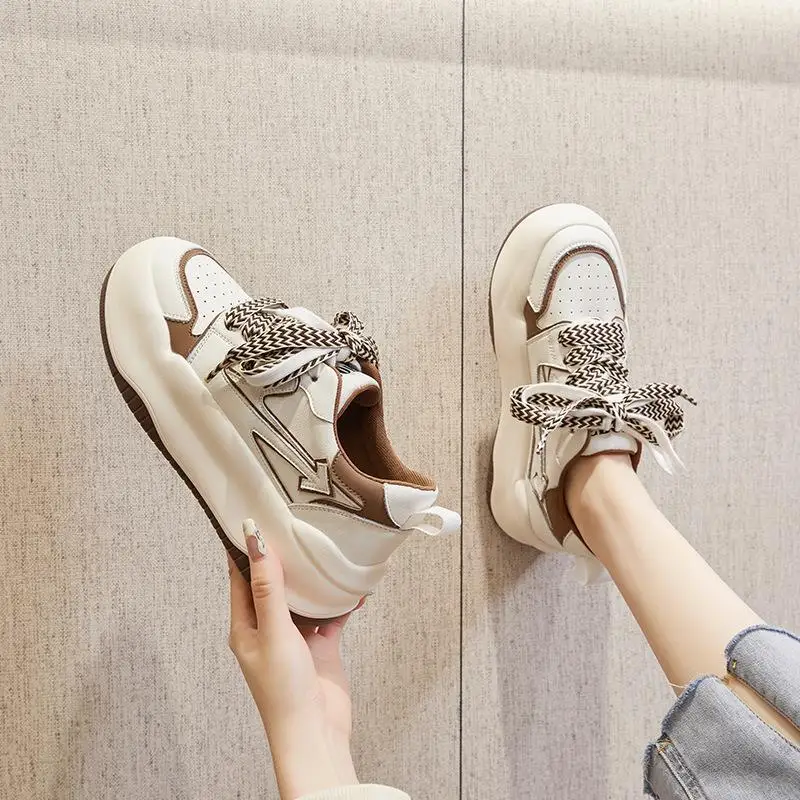 

Women's Sport Shoes College Style Polyurethane Upgraded Version of Dad's Thick Bottom Heightening Genuine Leather Sneakers