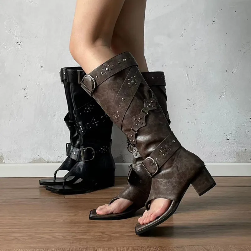 Women's Boots Fashion Rivet Metal Buckle Women Knee High Boots Punk High Heels for Women Square Toe Leather Long Booties Shoes