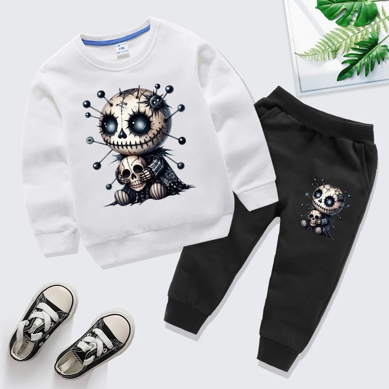 Boys Girls Street Halloween Sweatshirts Horror Doll Ghost Graphics Pullovers+Trousers 2pc Suits Spooky Season Kids Y2K Tracksuit