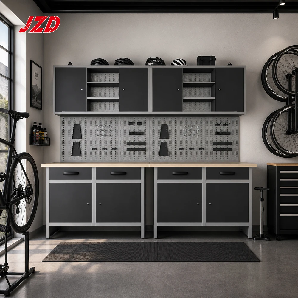 JZD Heavy Duty Modular Garage Workbench with Wall Cabinets Pegboard Metal Storage Cabinet Lockable Workshop Workstation OEM ODM