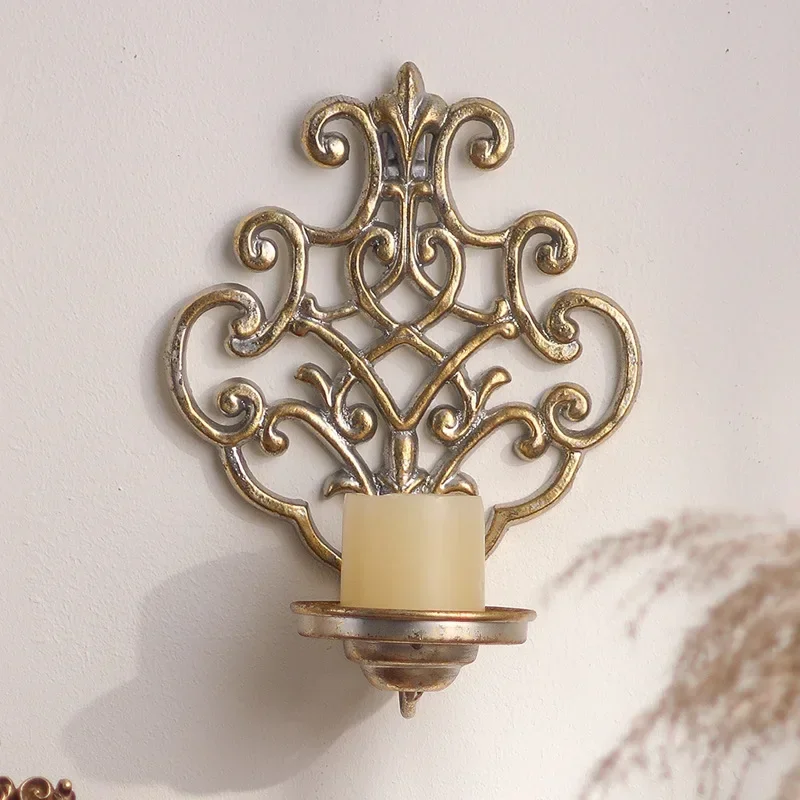 European light luxury, hollow carved wrought iron wall, hanging candlestick