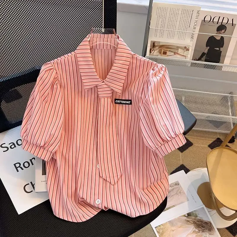

Korean College Style Striped Shirt Women's Summer New Thin Design Retro Short-sleeved Top with Tie Decoration Women Shirt
