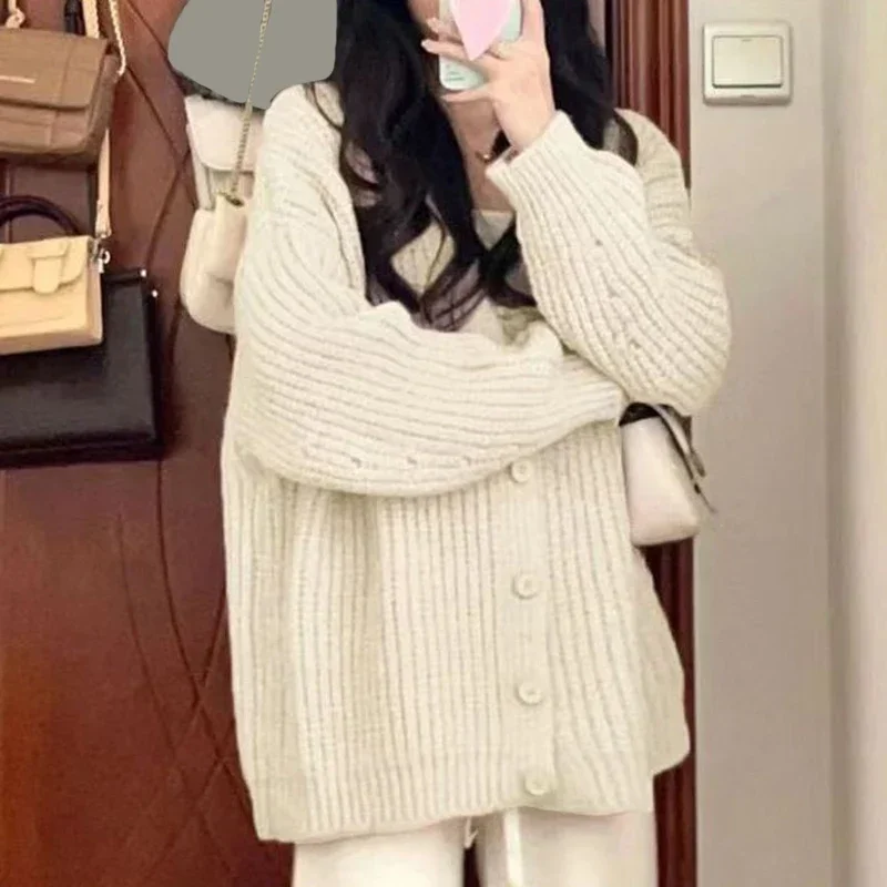 Rimocy Sweet Pink Knitted Cardigan Sweater Women Korean Long Sleeve V Neck Cardogans Woman Wild Button Up Jumper Coat Female