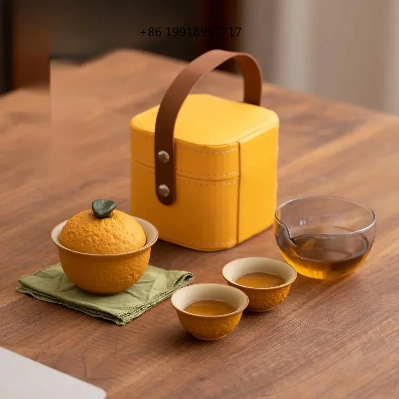 Bionic Ugly Orange Ceramic Tea Set Kit Japanese Set of Cups 1 Pot 2 Cups Tea Making Travel Tea Set Portable Handbag Decoration