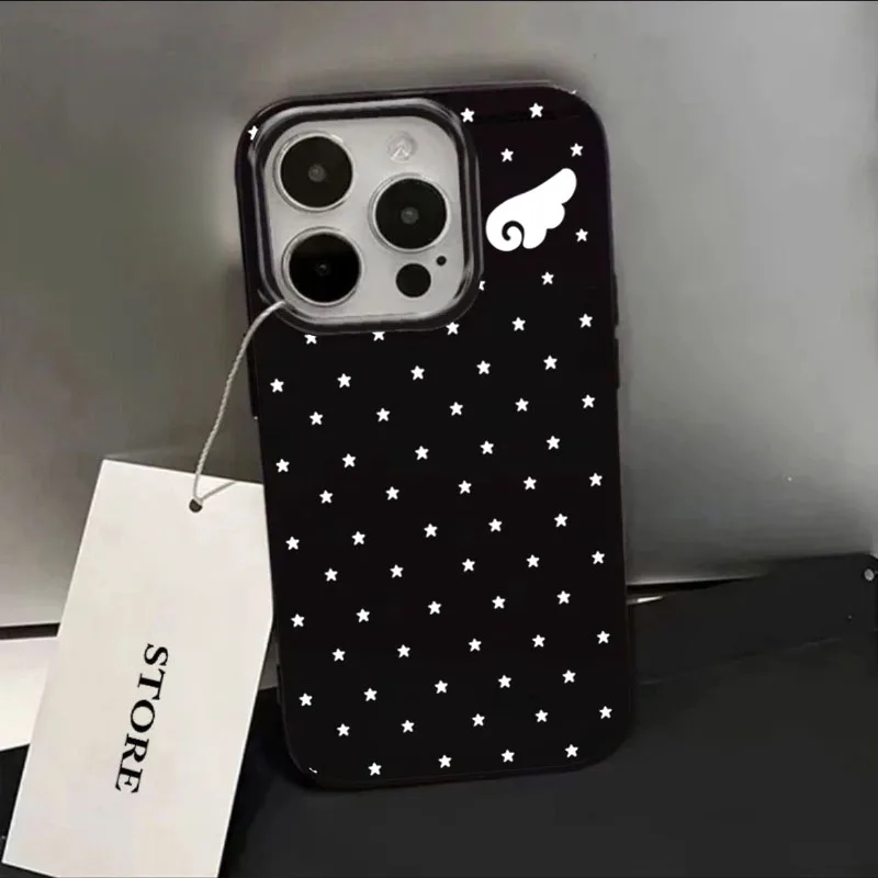 เคสโทรศัพท์ลายปีกนางฟ้าดาวน่ารักสีดำ สำหรับ iPhone 15 Pro, iPhone 16, 14 Plus, 12, 11, 17 Pro Max, 13, X, XS, XR, 7, 8 Plus