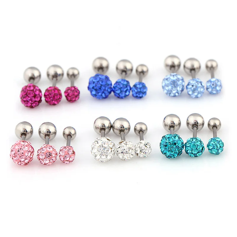 3pcs/set Surgical Steel Crystal Ball Screw Studs Earrings For Women Piercing Tragus Cartilage Helix Ear Bone Nail/Stick Jewelry