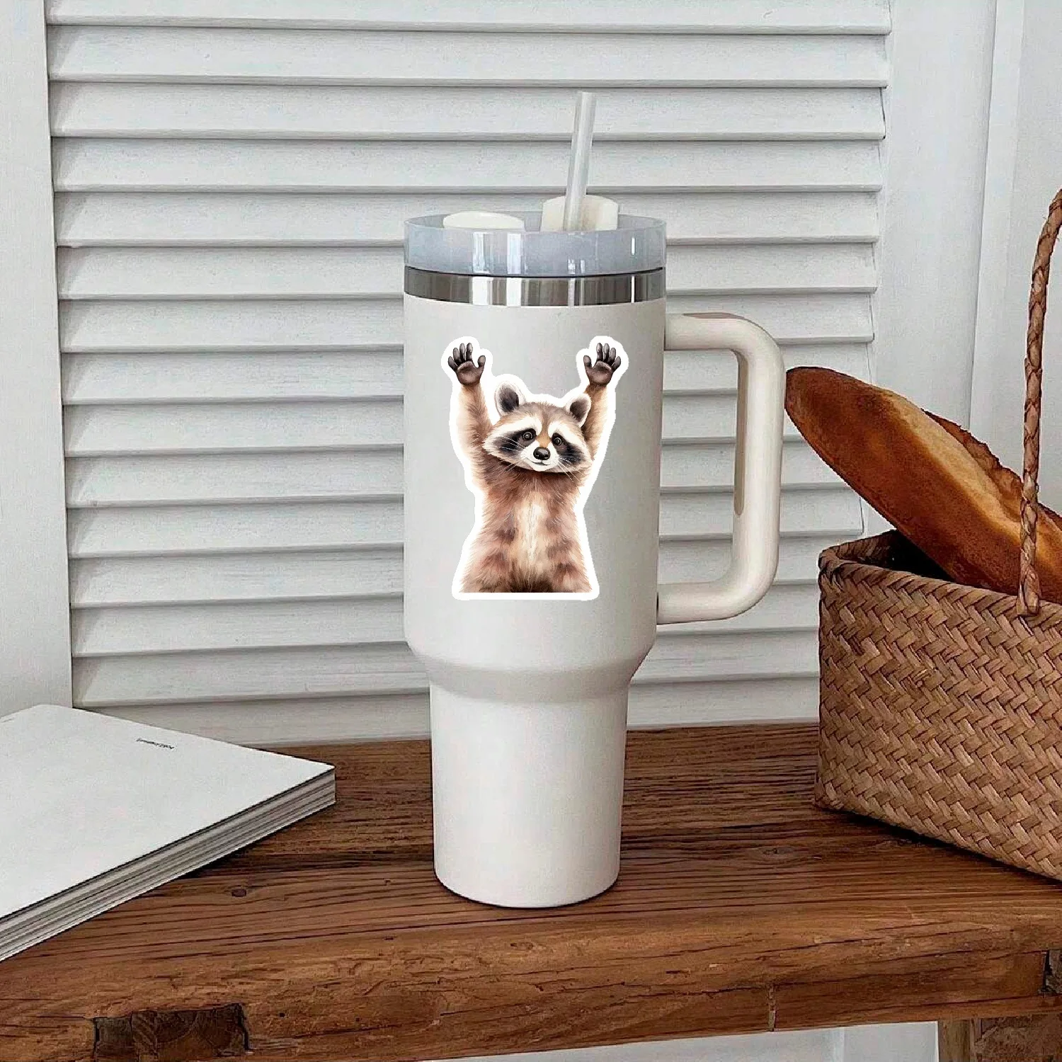 

New cross-border raised hands raccoon sticker, diary doodle, mobile phone, computer, water cup decorative stickers in stock