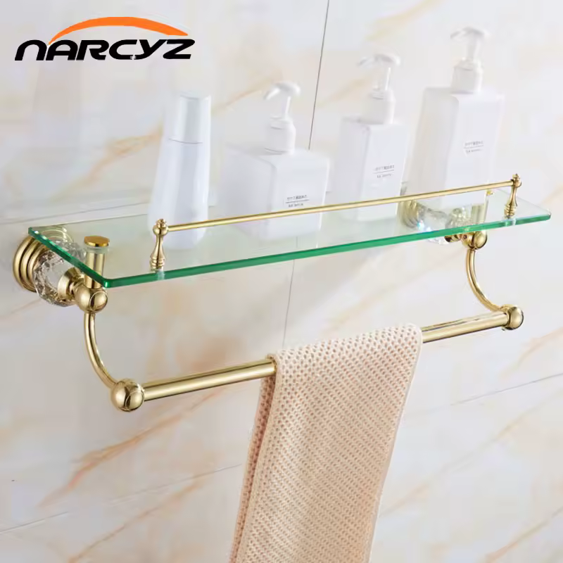 European-style Gold Glass shelf double bathroom cosmetic rack Bathroom Towel Rack Crystal hardware pendant GLY50