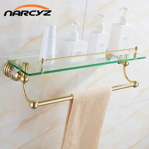 Estante de vidrio dorado de estilo europeo, toallero doble para baño, colgante de hardware de cristal GLY50