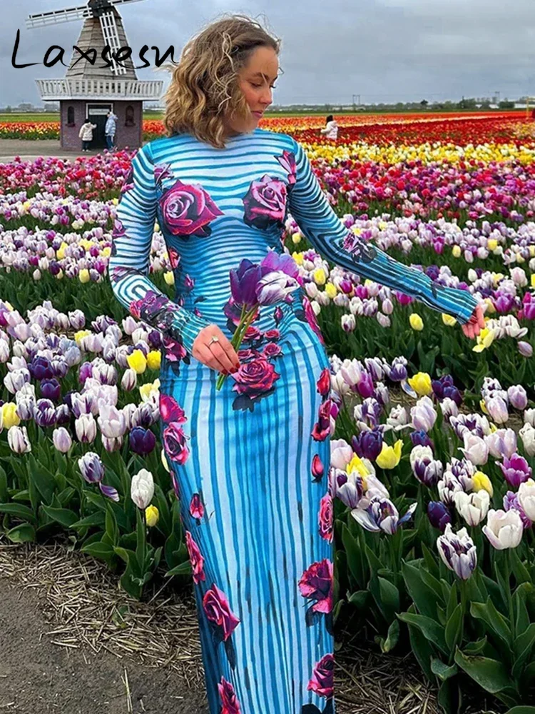 Laxsesu-vestido con estampado de rosas para mujer, traje Sexy a rayas para vacaciones, fiesta festiva, elegante, Y2K, 2024