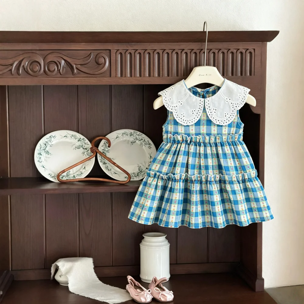 vestido-de-verao-para-bebe-estampa-xadrez-com-flores-vestido-sem-mangas-para-meninas-vestido-de-praia-adoravel-para-criancas-﻿