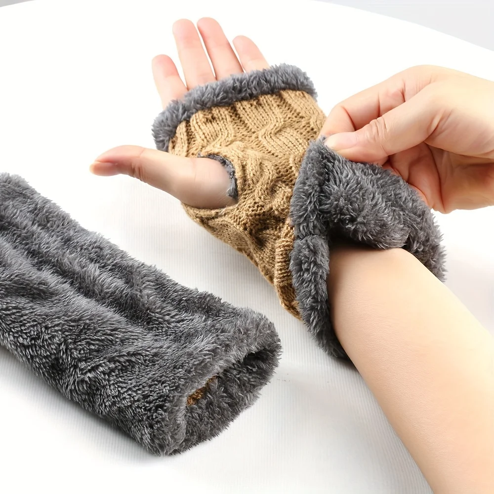 Warmth Plus Velvet Lined Twist Knit Fingerless Gloves, Soft, Thick, and Coldproof - Versatile Wrist Cover for Outdoor Activities