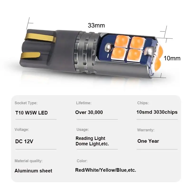 NLpearl-T10 W5W Lâmpadas LED para carros, 3030, 10SMD, W5W, Canbus 194, 168, Lâmpada de leitura interior para carros, Wedge, Clearance Light, 12V,