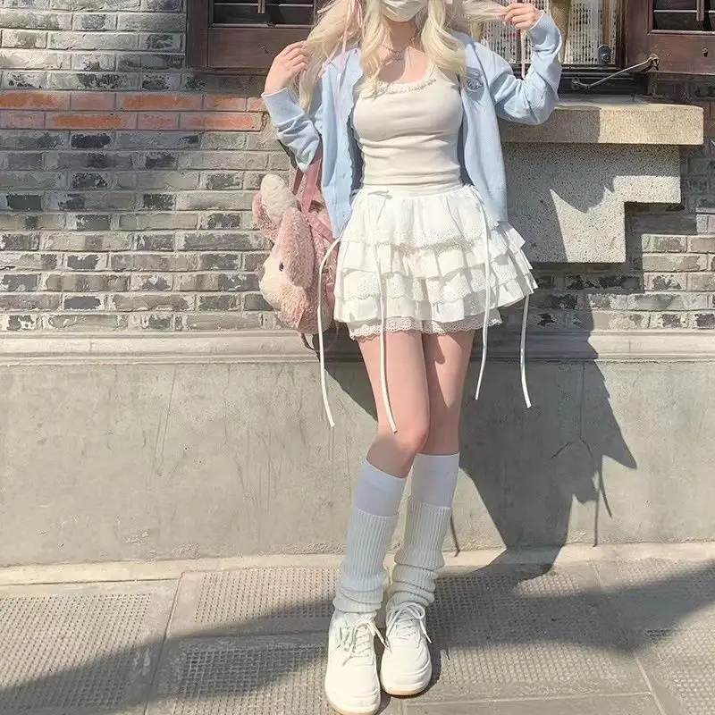 

Japan High-Waisted Cake Skirt For Women With Bow Straps Summer Lace Ballet Style A-Line Short Skirt