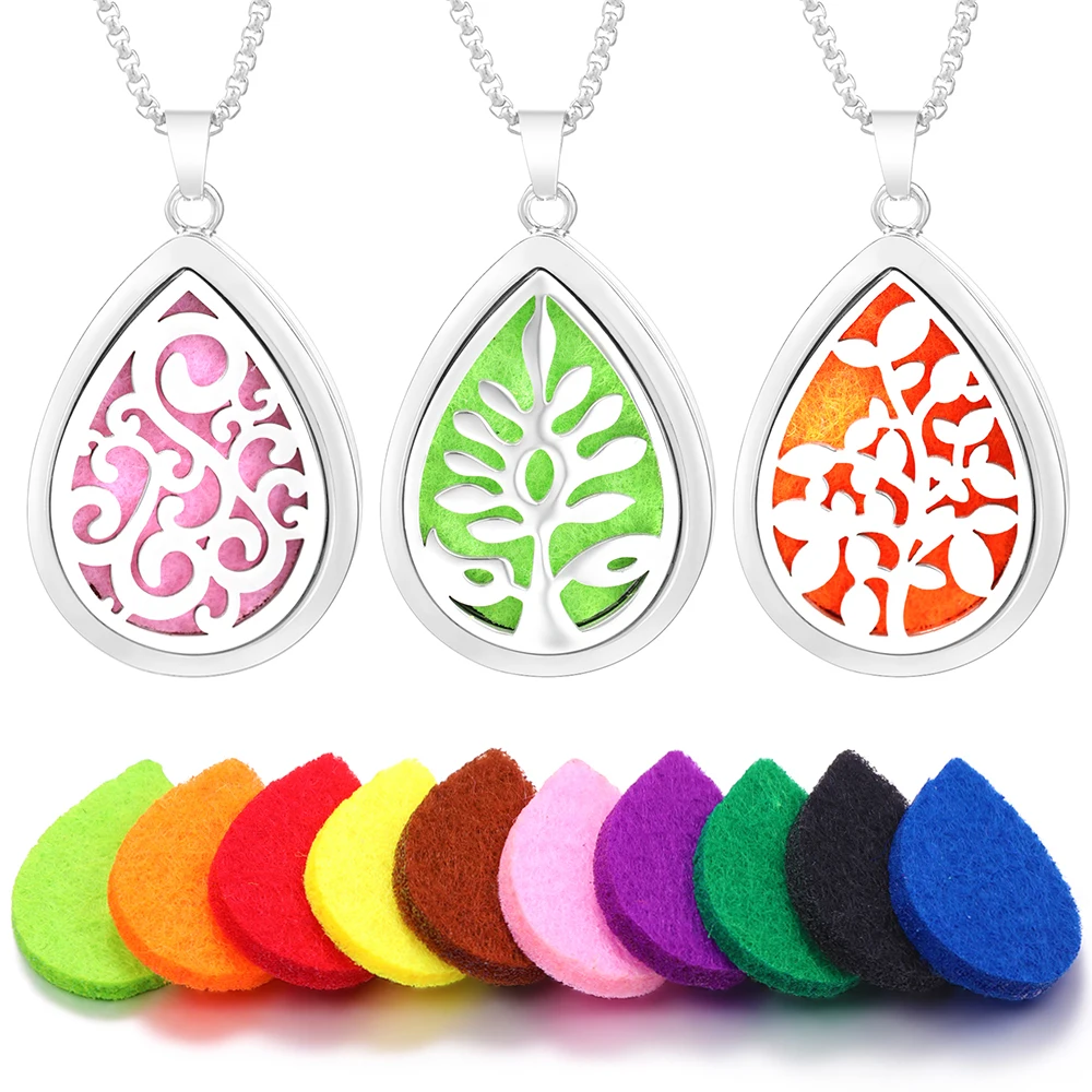 Neue Waterdrop Frauen Aromatherapie Diffusor Anhänger Sapling Edelstahl Aushöhlen Duft Ätherisches Öl Parfüm Medaillon Schmuck