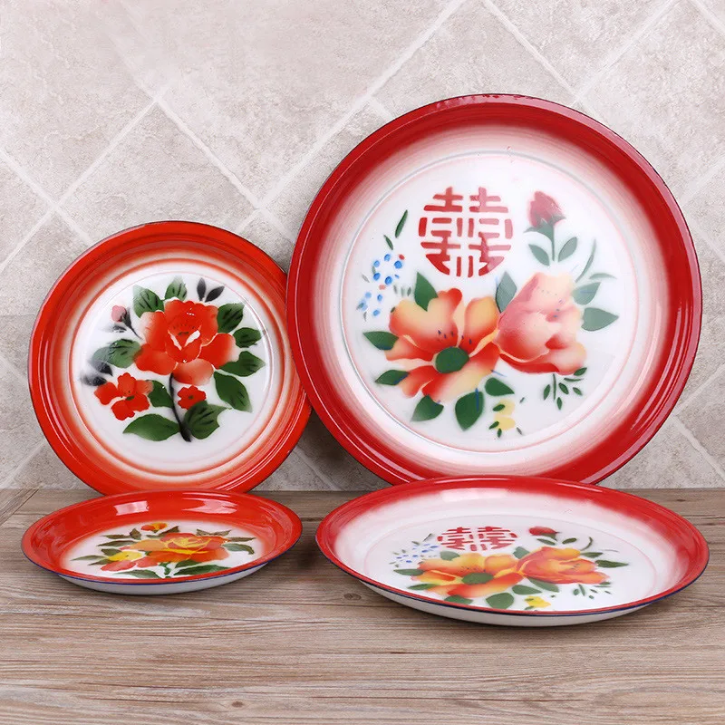 30/36/40cm Fruit Plates Ancient Chinese Aristocratic Tea Tray Household Fruit Tray Pure Handicraft Enamel Stainless Steel Tray