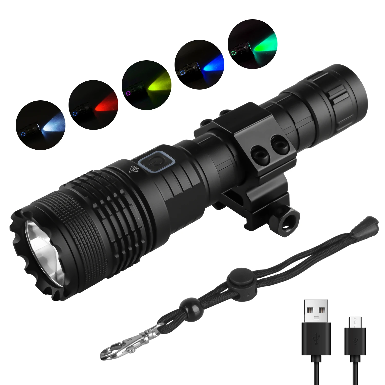 XML-L2 LED 5Modes 1600 Lumens 5-colors Lens Light USB Rechargeable Tactical Flashlight 18650 Portable Long Distance Light