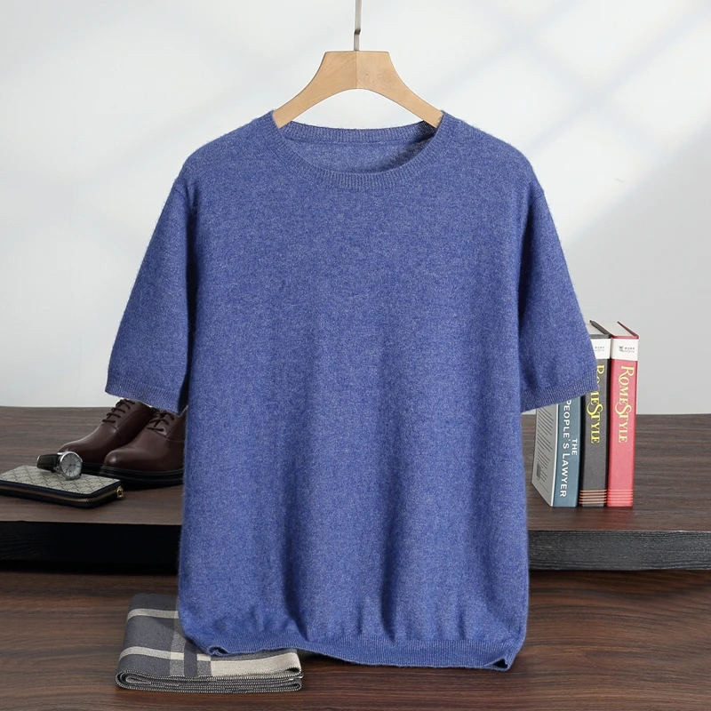 Camiseta para hombre Primavera/Novedad de verano 100% cachemir de manga corta para hombre jersey de punto con cuello redondo chaleco ropa informal de negocios para hombre